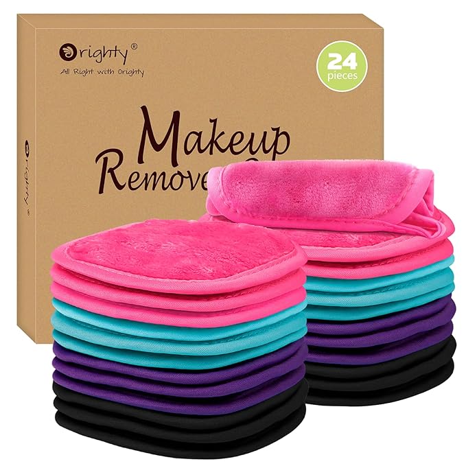 Orighty Makeup Remover Cloths 24 Pack, Makeup Removal Face Cleaning Cloth, Reusable Make Up Remover Pads Remove Instantly Dirt with Just Water, 5 x 5 in
