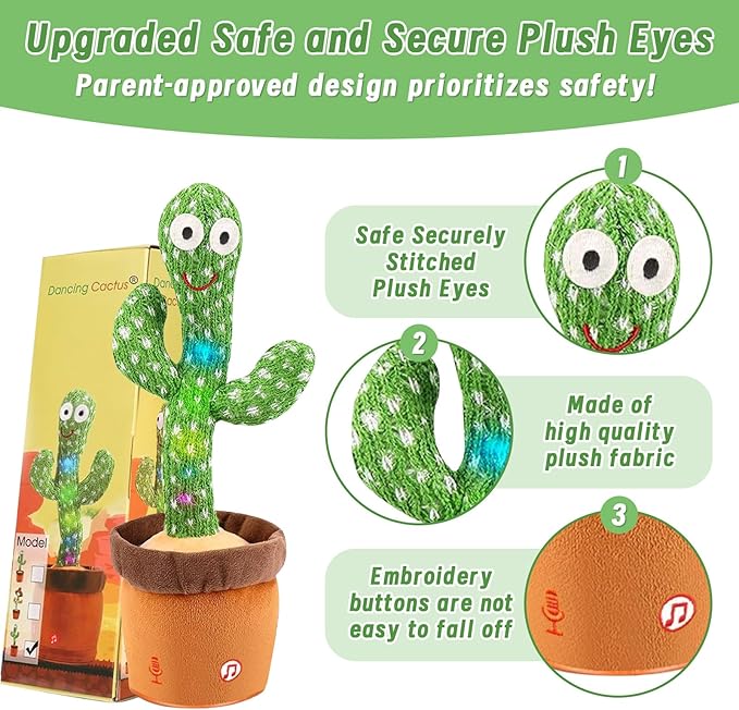 Dancing Talking Cactus Baby Toys 6-12 Months, Singing Cactus Baby Toy Mimicking Toy, Repeats What You Say, Interactive Light Up Toddler Infant Toys Gifts, Sing+Dancing+15S Recording+LED