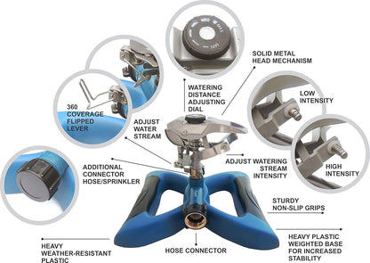Lawn Sprinkler with Metal Head - 360 Degree Pulsating Garden Water Sprinkler for Lawn - Waters up to 85 feet in Diameter, Adjustable Spraying Area and Distance