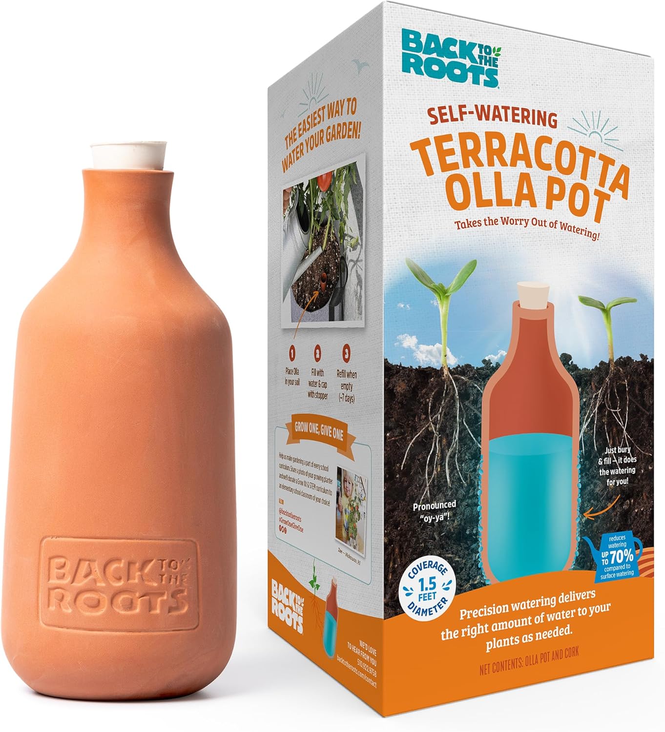 Back to the Roots Self-Watering Terracotta Olla Pot, 700mL Provides 1 Week of Precision Watering