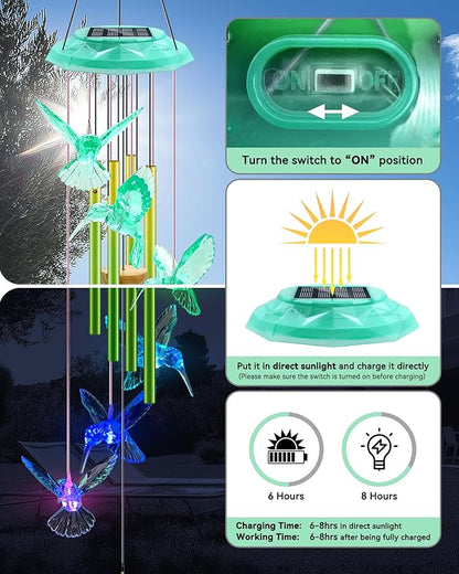 Hummingbird Solar Wind Chimes, Birthday Memorial Gifts for Women Mom, Glowing Top Color Changing Hummingbirds Moblie LED Wind Chime for Outside, Outdoor Home Party Garden Decor Light(Green)