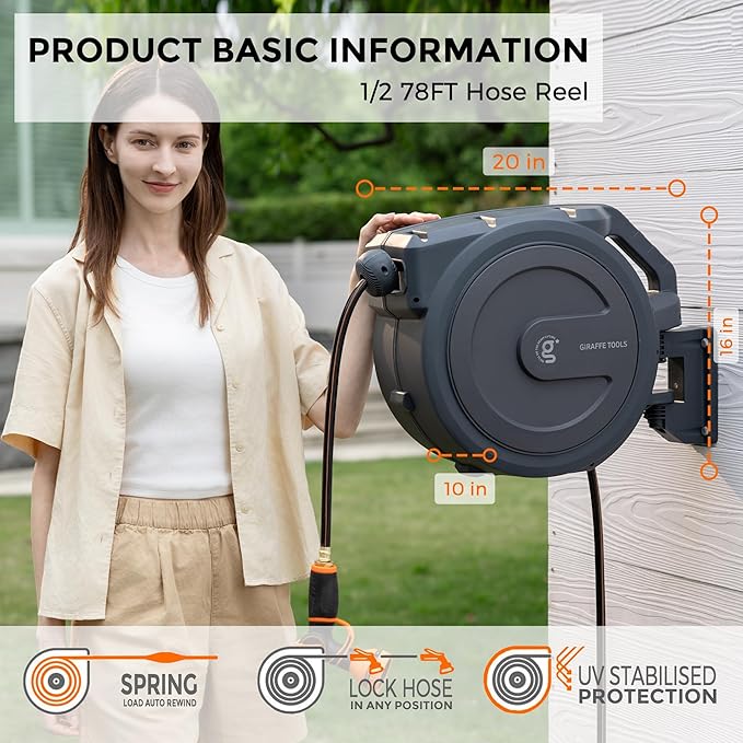 Giraffe Tools Hose Reel 1/2‘’ 78 ft, Heavy Duty Retractable Garden Hose Reel with Any Length Lock, Slow Return System, Wall Mounted and 180 Deg Swivel Bracket
