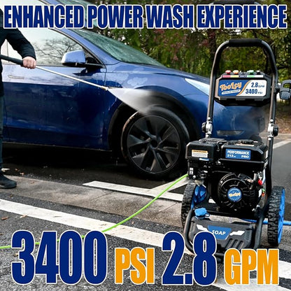 TOOLCY Gas Pressure Washer 3400 PSI & 2.8 GPM Max, High-Powered 212cc Engine, Enhanced Pump, 50FT Pressure Hose, Onboard Soap Tank, Foldable Handle, Kink-Less Swivel Spray Gun & 5 Nozzle Tips