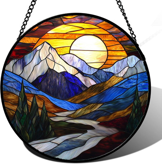 Stained Glass Window Hanging, Yellow Blue Sunset Mountains Scenery Sun Catcher for Window Home Decor Landscape Suncatcher Mother's Day Birthday Gifts for Women Men Mom and Nana 6.3 in