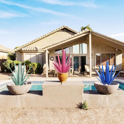 Large Tequila Rustic Sculpture, Rustic Metal Agave Plants for Outdoor Patio Yard, Home Decor Hand Painted Metal Agave Garden Yard Statue, Outdoor Lawn Ornaments Yard Stakes (Rose Red - M)