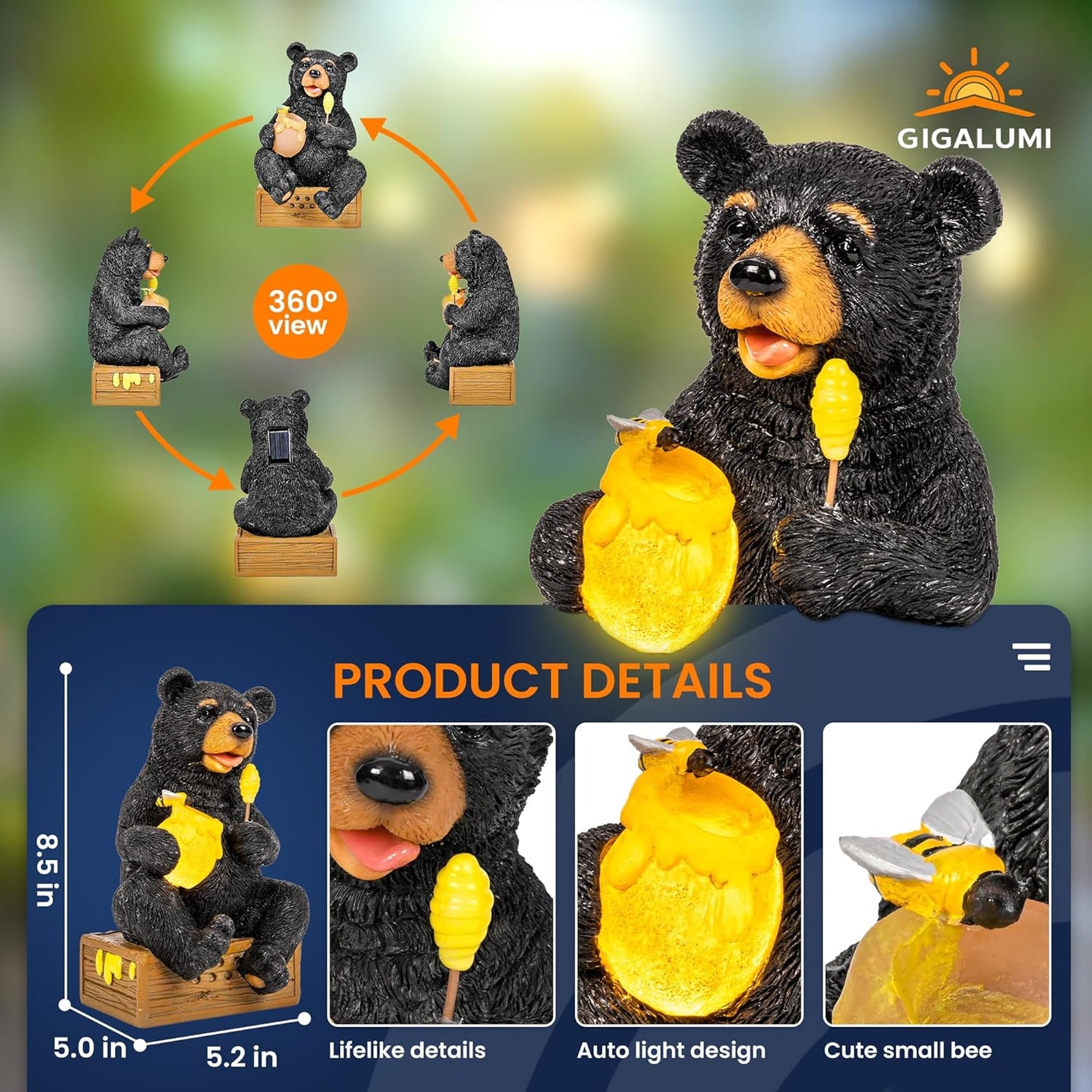 GIGALUMI Solar Garden Decor Cute Bear Statues Outdoor, Birthday Gifts for Mom Grandma Women, Retirement Housewarming Gifts Bear Figurine Lawn Ornament for Garden Yard Patio Balcony