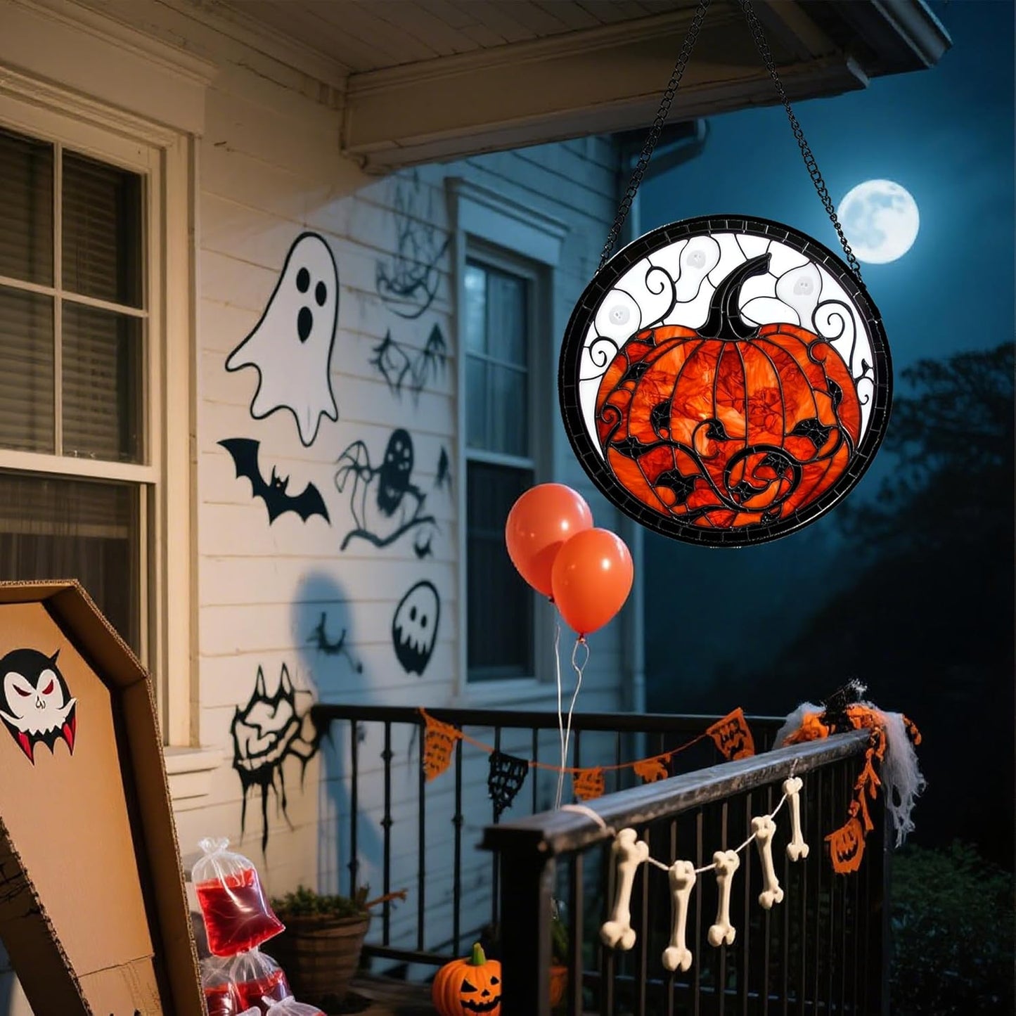 Stained Glass Window Hanging - Halloween Red White Scary Pumpkin Suncatcher for Doors Garden Home Spooky Rattan Sun Catchers Gothic Decor Horror Gifts for Women Men Friend Boy Girl 15 in