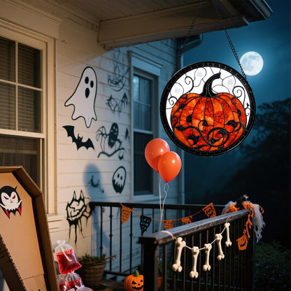 Stained Glass Window Hanging - Halloween Red White Scary Pumpkin Suncatcher for Doors Garden Home Spooky Rattan Sun Catchers Gothic Decor Horror Gifts for Women Men Friend Boy Girl 11.8 in