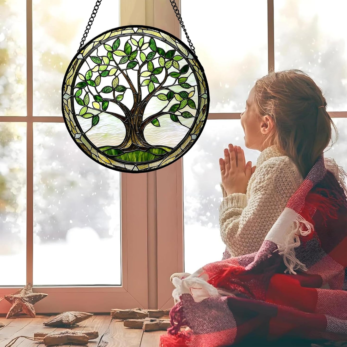 Stained Glass Window Hanging - Brown Tree Trunk Green Leaves Sun Catcher for Door Garden Home Decor Plant Suncatcher Christmas Mother's Day Birthday Gifts for Women Men Mom Nana 11.8 in