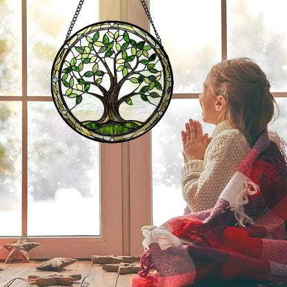 Stained Glass Window Hanging - Brown Tree Trunk Green Leaves Sun Catcher for Door Garden Home Decor Plant Suncatcher Christmas Mother's Day Birthday Gifts for Women Men Mom Nana 11.8 in