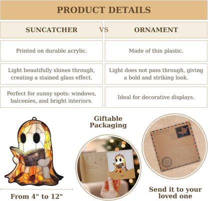 Spooky Cute Ghost Acrylic Suncatcher Stained Glass Effect Window Car Hanging Christmas Ornament Indoor Outdoor Decor Garden Sun Catcher Panel for Halloween Lover for Women Mom Grandma