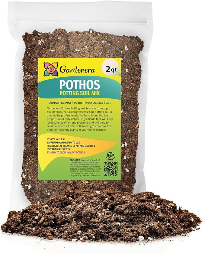 GARDENERA Premium Pothos Potting Soil Mix - Air Cleaning Plant Potting Mix, Soil Mix for Pothos, Parlor Palm, Peace Lily - (2 Quart Bag)