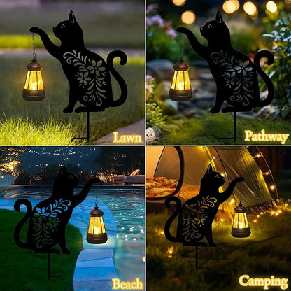 Afirst Solar Outdoor Garden Stake Solar Cat Decorative Stake Light with Lantern Decorative Lights Metal Outdoor Ornament for Yard Pathway Lawn Patio Decoration