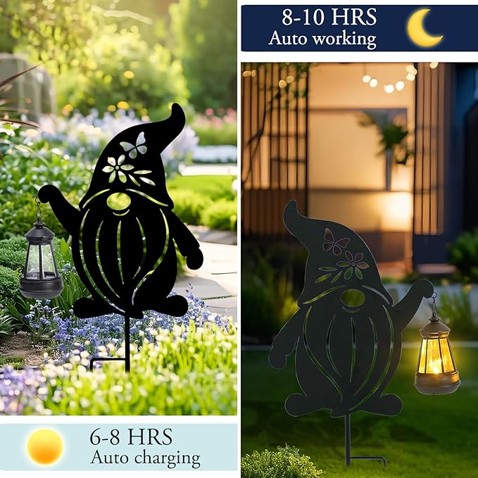 Afirst Solar Outdoor Garden Stake Solar Gnome Decorative Stake Light with Lantern Halloween Decorative Metal Outdoor Ornament for Yard Pathway Lawn Patio