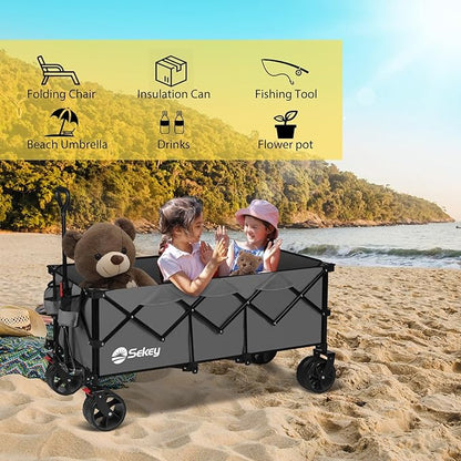 Sekey 48''L Collapsible Foldable Extended Wagon with 440lbs Weight Capacity, Heavy Duty 300L Folding Utility Garden Cart with Big All-Terrain Beach Wheels & Drink Holders. Grey