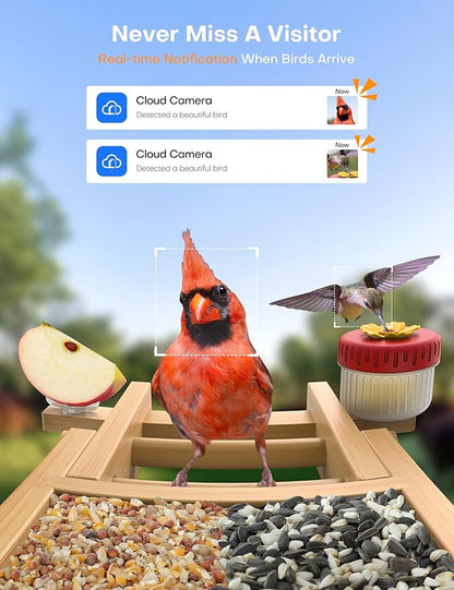 Bird Feeder with Camera: Eco Natural Bamboo Build | 160° Wide View | 2.5K Live Video | AI Auto Identify 12000+ Birds Species | Instant Arrival Alerts | Solar Smart Bird Feeders for Outdoors