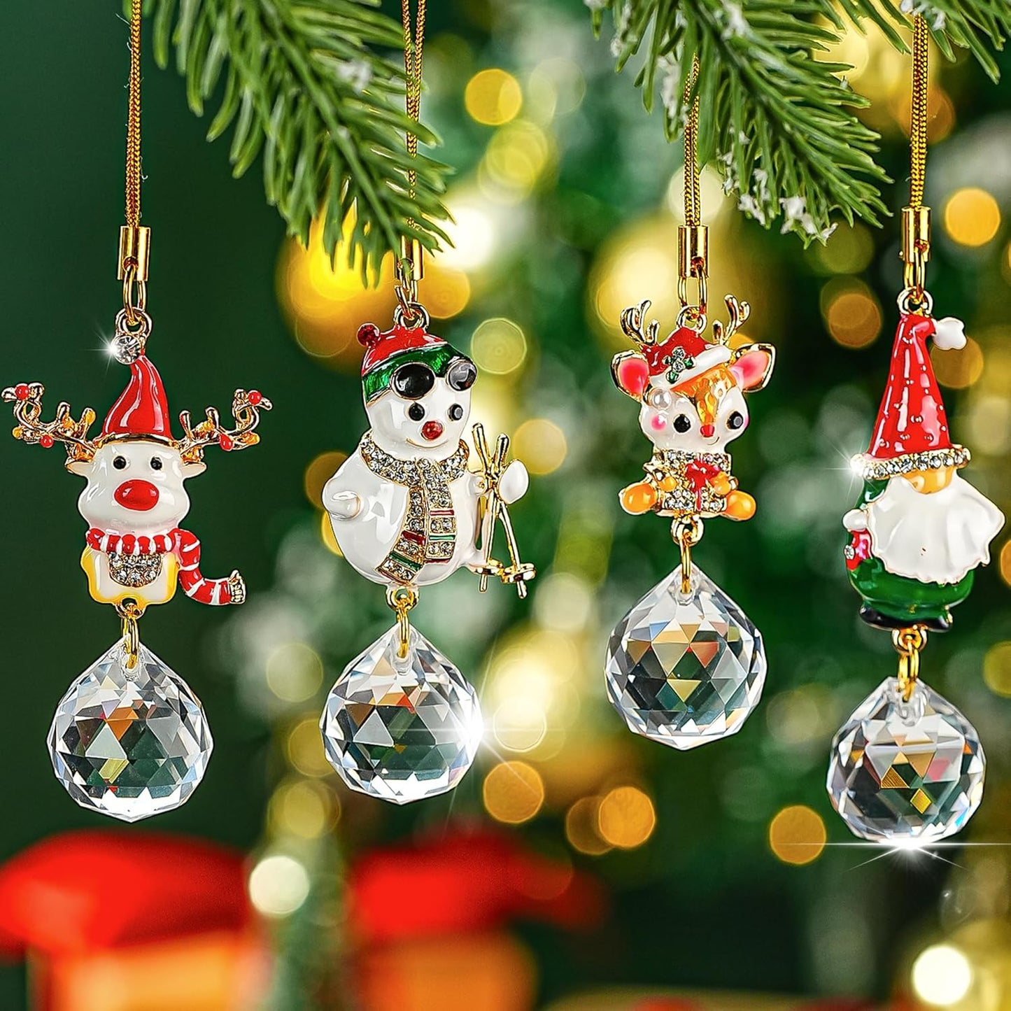 H&D HYALINE & DORA Christmas Suncatchers Set Christmas Elk Gnome Snowman Hanging Crystals Pendant for Xmas Tree Home Decor(4 Pack)