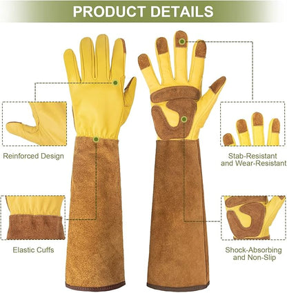 Long Gardening Gloves for Women Thorn Proof,Rose Pruning Cowhide Leather Garden Gloves for Cactus, Rose and Blackberry