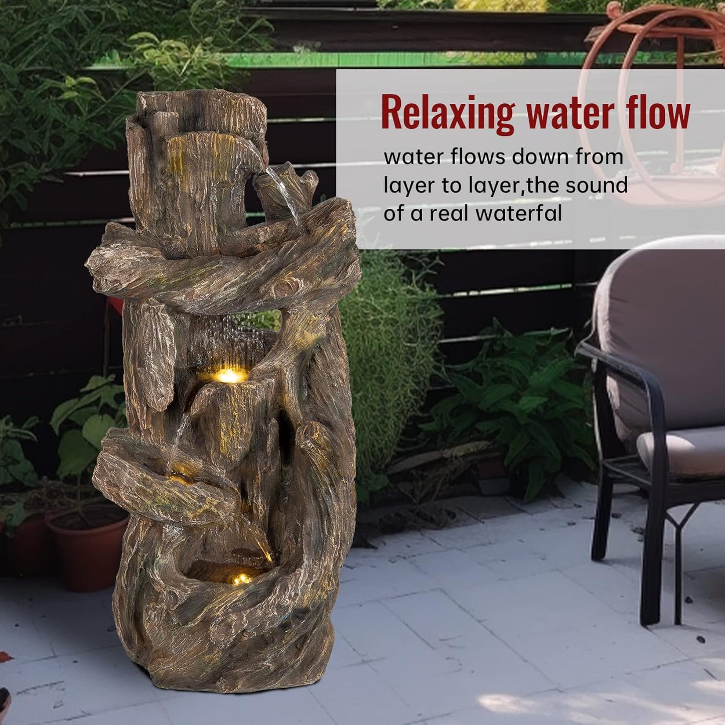 Ferrisland 5-Tiered Tree Trunk Large Water Fountain with LED Lights and Pump, 39.8" Tall Outdoor Freestanding Fountain, Realistic Wood Natural Looking Floor Resin Statue for Garden Patio & Backyard