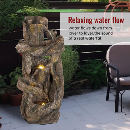 Ferrisland 5-Tiered Tree Trunk Large Water Fountain with LED Lights and Pump, 39.8" Tall Outdoor Freestanding Fountain, Realistic Wood Natural Looking Floor Resin Statue for Garden Patio & Backyard