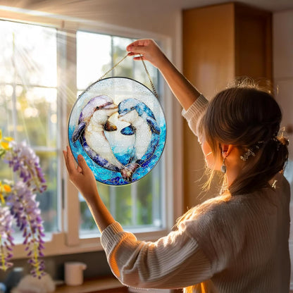 Stained Glass Window Hanging, 8 Inch Dolphin Sun Catcher Decor, Stained Glass Ornament, Suncatchers for Windows Hanging, Window Decor, Dolphin Gifts, Gift for Couples