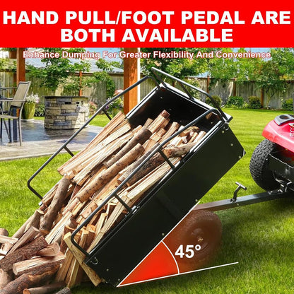 Heavy Duty Steel Dump Cart & Utility Trailer 750LB Capacity ATV/Lawn Tractor Hauler with Dual Dumping Modes (Manual/Foot Pedal), All-Terrain Tires & Dual Bearings for Garden, Farm, Firewood