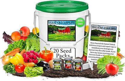 B&KM Farms 10,000 Non GMO Heirloom Vegetable Seeds for Planting Vegetables and Fruits (20 Variety Pack) - Gardening Seed Starter Kit, Survival Gear Food, Gardening Gifts, Prepper Supplies