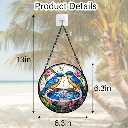 Stained Glass Window Hanging, 2 Blue Birds Suncatcher Diamond Glass Panel Hangings Bird Lover Sun Catchers Decor for Birthday for Women, Men, Wife, Aunt, and Mom 6.3 in
