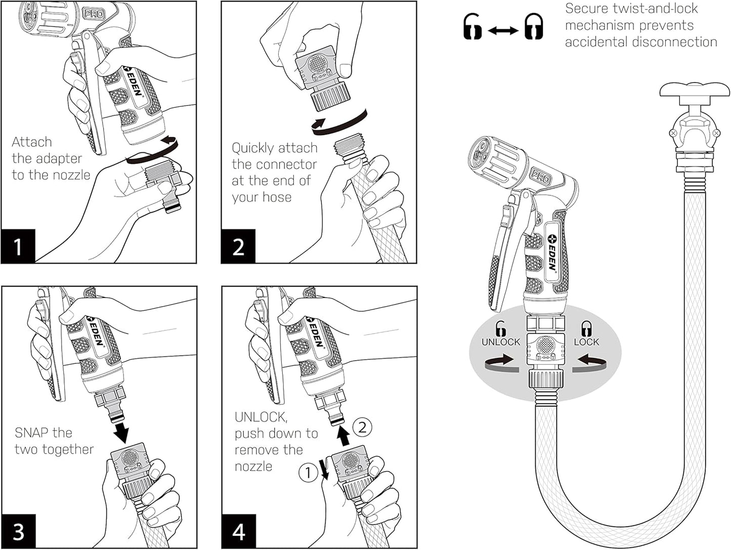 Eden 94834 Heavy Duty Metal Garden Hose Nozzle Sprayer High Pressure 4 Spray Pattern W/Quick Connector Set for Watering Plants, Lawns&Garden