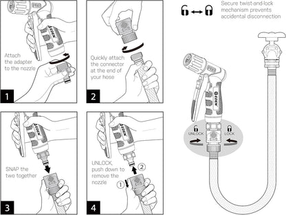 Eden 94834 Heavy Duty Metal Garden Hose Nozzle Sprayer High Pressure 4 Spray Pattern W/Quick Connector Set for Watering Plants, Lawns&Garden