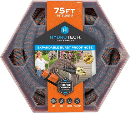 HydroTech 75 ft Expandable Garden Hose - Burst Proof & Lightweight, Flexible Water Hose with Durable Reinfordced Latex Core & Solid Brass Fittings for Lawn, Garden, Car Washing