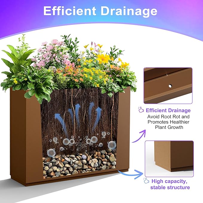 Metal Planter Boxes Outdoor Rectangular Planter 35" L x 9" W x 26" H, Large Planters for Plants with Drainage Holes, Brwon Rectangle Planters for All-Weather Use