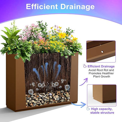 Metal Planter Boxes Outdoor Rectangular Planter 35" L x 9" W x 26" H, Large Planters for Plants with Drainage Holes, Brwon Rectangle Planters for All-Weather Use