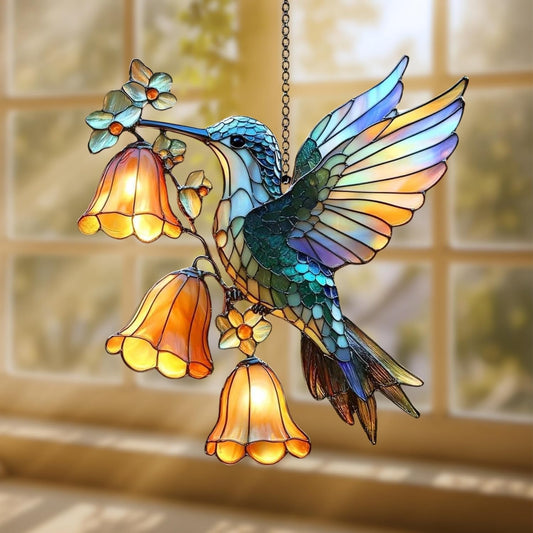 Hummingbird Flower Acrylic Suncatcher Stained Glass Effect Window Car Hanging Christmas Ornament Indoor Outdoor Decor Garden Sun Catcher Panel for Bird Lover for Women Mom Grandma