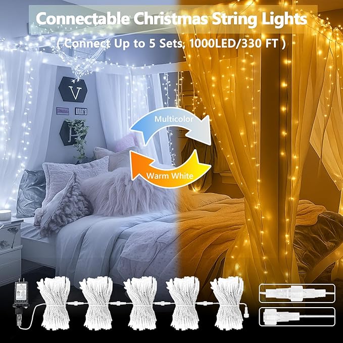 Warm White to Cool White Color Changing 200 LED 66FT Connectable Christmas String Lights for Outdoor Indoor Waterproof, 11 Modes Twinkle Fairy Lights Clear Wire for Christmas Tree Memory Remote Timer