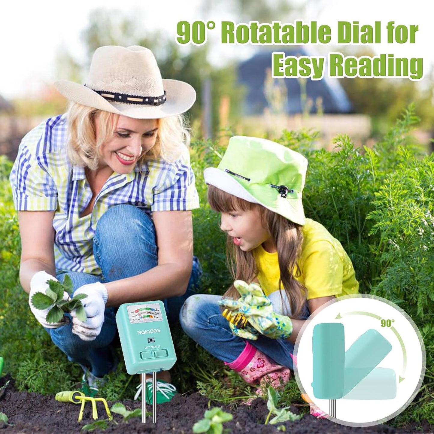 Professional 3-in-1 Soil Tester - Moisture/Light/pH Meter with Lab-Calibrated Probes, 90° Rotatable Display for Indoor/Outdoor Plants (Battery-Free)