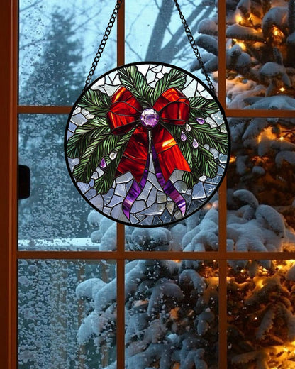 Stained Glass Window Hanging - Purple Gem Christmas Wreath Suncatcher for Doors Home Christmas Decoration Winter Sun Catcher Thanksgiving New Year Birthday Gifts for Women Men Mom Nana 7.8 in