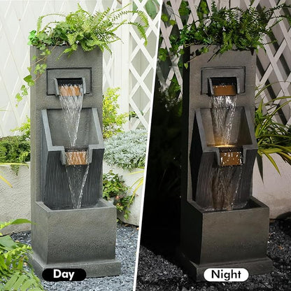 35" H 3-Tier Indoor/Outdoor Modern Water Fountain with LED Lights and Pump, Outdoor Freestanding Cascading Waterfall - Suitable for Garden, Patio, Porch, Yard and Outdoor Decor (Brown)