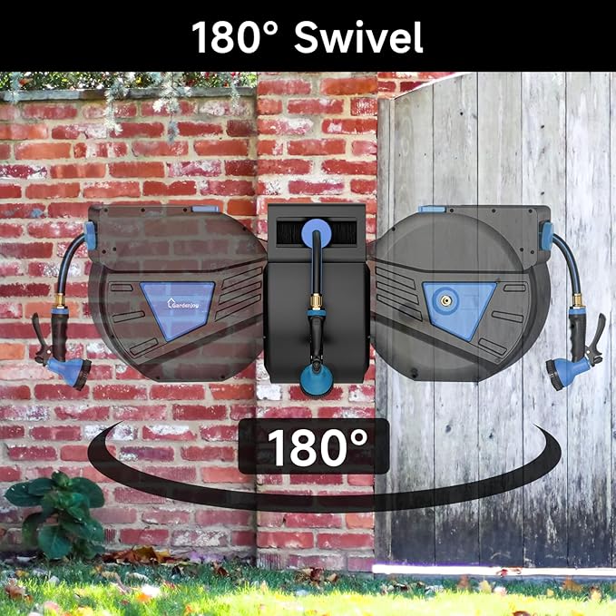 GARDENJOY Retractable Garden Hose Reel, 90 ft x 5/8 inch Heavy Duty Garden Hose with 180°Swivel Wall Mounted Bracket, 10 Pattern Sprayer Nozzle, Any Length Lock & Slow Return System