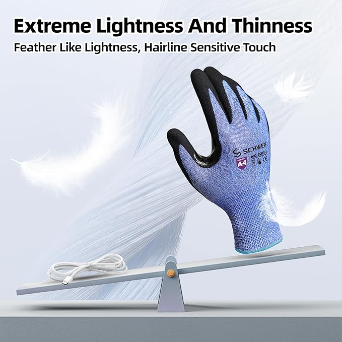 Schwer A4 AIR-SKIN Cut Resistant Work Gloves AR3900 with Extreme Lightweight & Thin, Grip Gloves for Fishing, Refined Work, Mechanic, Gardening, Touch-Screen, Non-PFAS, 3D-Comfort Fit, 1 Pair, S