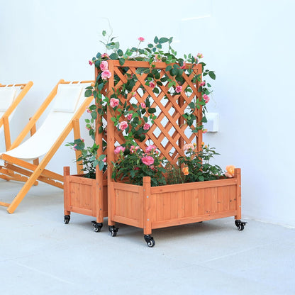2 Pcs Wooden Planter Boxes with Trellis: Four Universal Wheels for Easy Mobility, 37.6" H x 27.5" W x 13" D,Perfect for Outdoor Climbing Plants on Patios, Balconies & Gardens