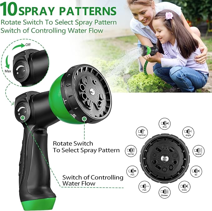 50 ft Garden Hose – 2025 New Expandable Garden Hose with 10-Function Spray Gun, Pure Brass 3/4” Fittings – Lightweight, Durable, and Kink-Free, 50ft Retractable Water Hoses for Gardening(Green Black)