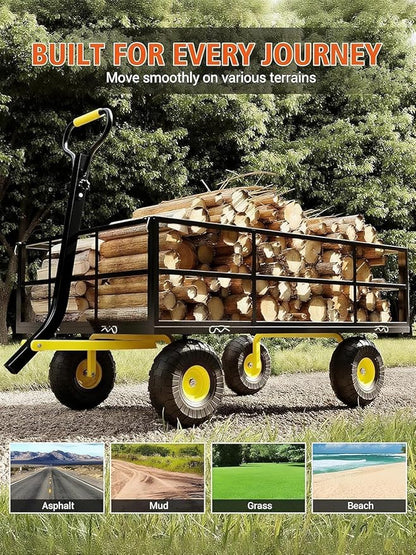 Metal Wagon - 1200lbs Garden Cart with 10" Multi-Terrain Tires, 4 Removable Mesh Sides & 180° Swivel Handle, Yard Wagon Cart for Lawn, Yard, Patio Gardening