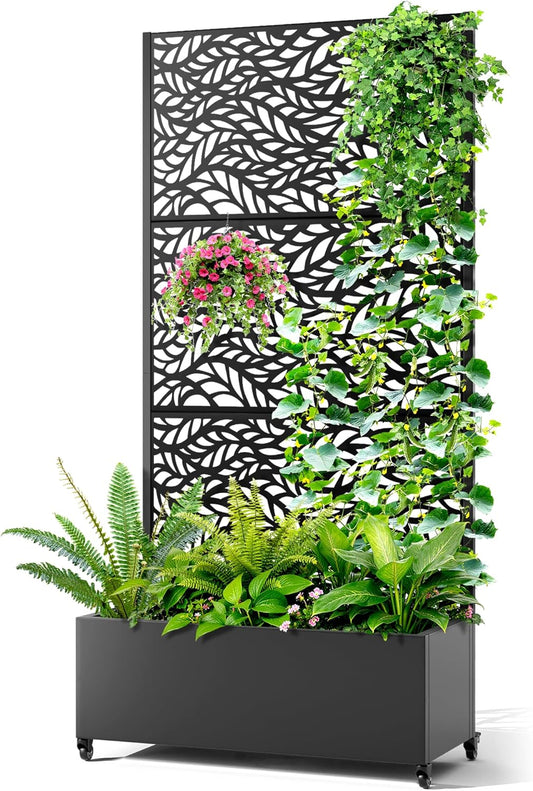 Metal Raised Garden Bed with Trellis, 2-in-1 Planter Box & Privacy Screen for Climbing Plants, Outdoor Standing Flower Bed with Drainage Holes, 35.4" L x 15.7" W x 70.1" H, Black-Spring