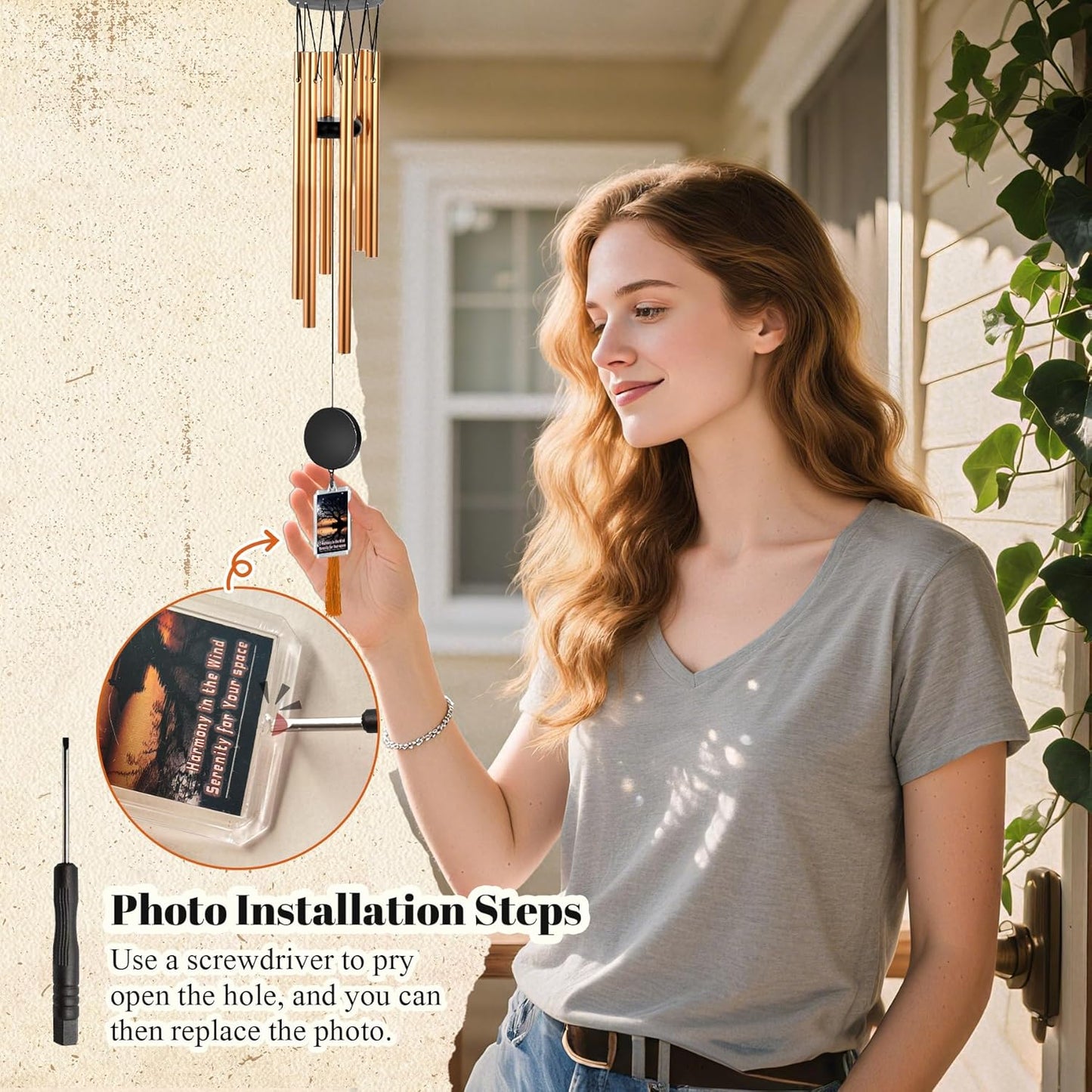 Memorial Wind Chime for Outdoor - Sympathy Gift with Signature Plaque & Photo Holder, Bereavement Keepsake for Loss of Loved One, Funeral Memorial for Parents, Garden & Patio Decor (Gold)