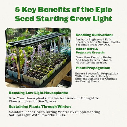 Epic Gardening Seed Starting Grow Light - Full-Spectrum LED with Adjustable Height & Integrated Tray for Indoor Seedlings | Energy-Efficient, Long-Lasting Light with Timer (Standard)