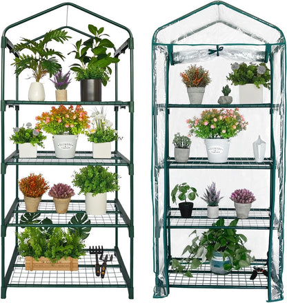 Mini Greenhouse for Indoor Outdoor, Small Plants Green House with 4 Tier Shelves, Portable Plastic Greenhouses with Transparent PVC Cover for Garden Backyard Patio Balcony Porch