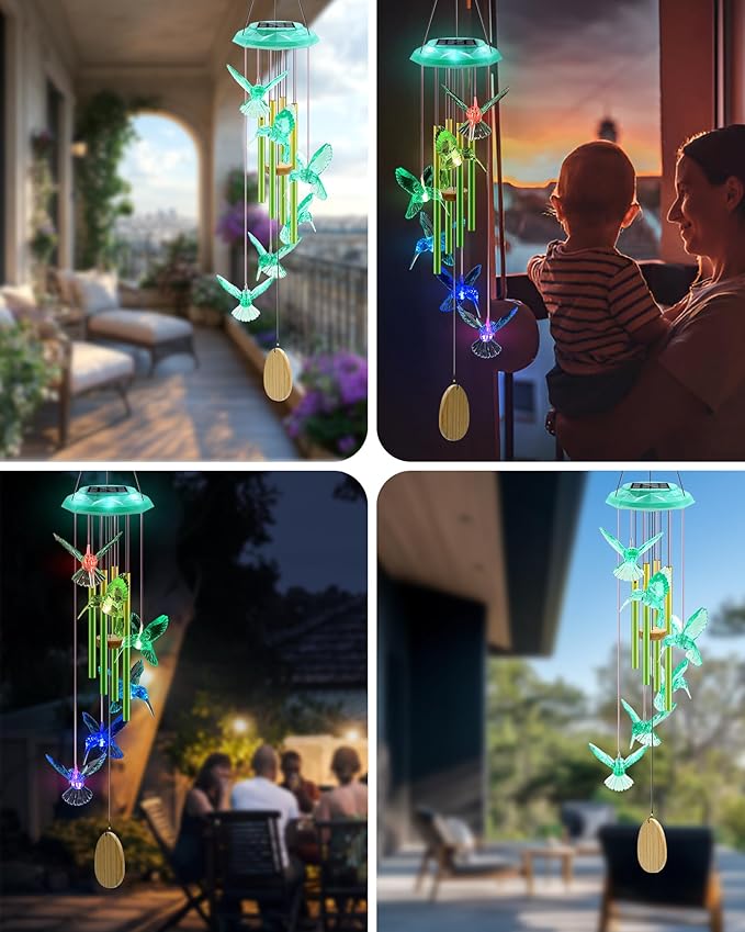 Hummingbird Solar Wind Chimes, Birthday Memorial Gifts for Women Mom, Glowing Top Color Changing Hummingbirds Moblie LED Wind Chime for Outside, Outdoor Home Party Garden Decor Light(Green)