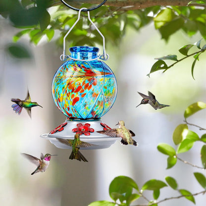 Hummingbird Feeder, BOLITE Glass Hummingbird Feeders for Outdoors Hanging, Hand Blown, with Ant Moat and Five Feeding Ports, Meshy Texture Ball Shape Bottle, 20 Ounces, Blue, Gifts for Women Men