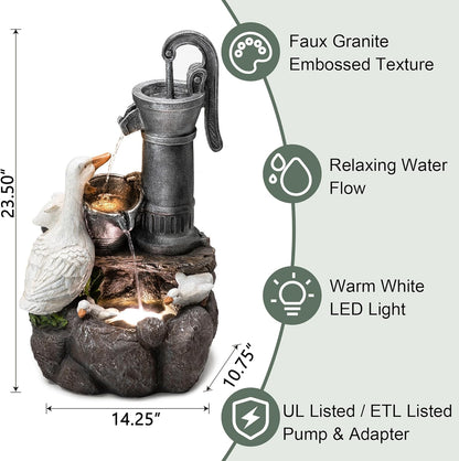 Glitzhome 24" Farmhouse Duck Outdoor Fountain with LED & Pump – 2-Tier Cascading Water Fountain for Outside Garden Decor - Rustic Waterfall for Backyard, Garden, or Patio Decor